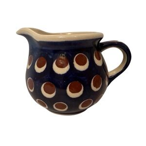 POLISH POTTERY CREAMER MINI PITCHER BLUE WHITE BROWN HANDMADE HOME BOLESLAWIEC